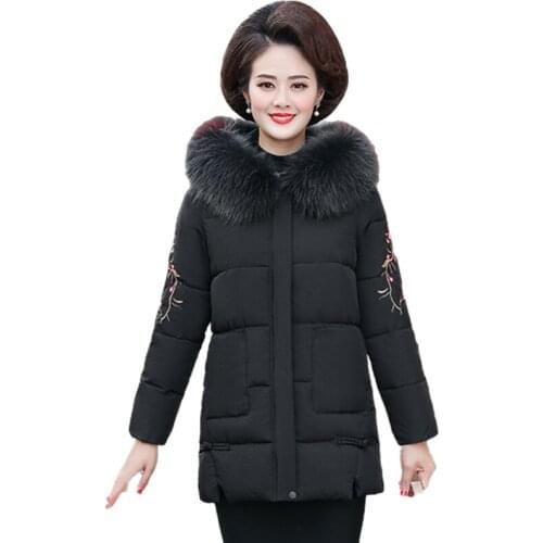 Down Jacket Flower Embroidery Woman Jacket Winter Clothes Warm Snow Coat Women Hooded Fur Collar Outerwear Mujer Chaqueta LK6