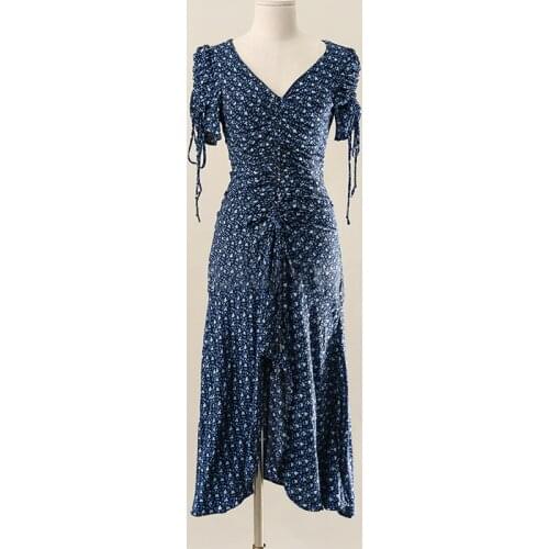 2020 New Women Elegant Floral Dress V-neck Short Sleeve Wrapped Dress Drawstring Slim Autumn Tea Dress Midi Dress Vestidos