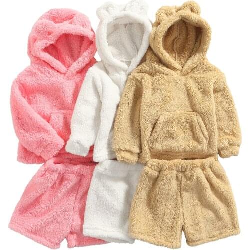 Toddler Baby Girls Boys 2Pcs Winter Outfits, Long Sleeve Solid Color Plush Hoodie and Shorts Set 6M-4T