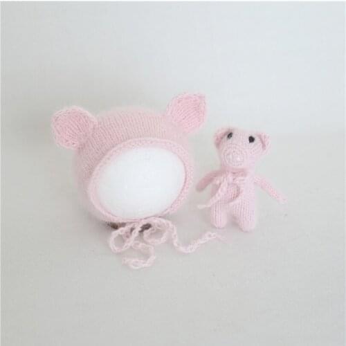 Angora set 4 COLORS Pink Pig lovie toy and Pig bonnet handmade knitted Newborn Photography Props
