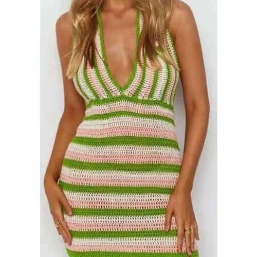 BoozRey Y2k 2021 Spring and Autumn Holiday Style Striped Contrast Halterneck Halter Deep V Feminine Short Hedging Knitted Dress