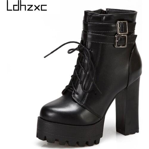 LDHZXC 2020 New Fashion Lacing High Heel Boots Women Thick With Belt Buckle winter Ankle Boots platform Bare Foot Shoes White