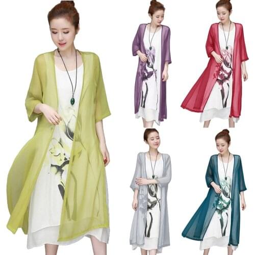 Fashion Summer Dress Vintage Flower Ink Painting Women Sleeveless Sundress Kaftan Lady Casual Dress with Cardigan