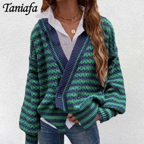 Fashion Women Long Sleeve Sweater Vest Autumn Winter Casual V Neck Sweater Long Strip Printed Button Cardigan Sweater