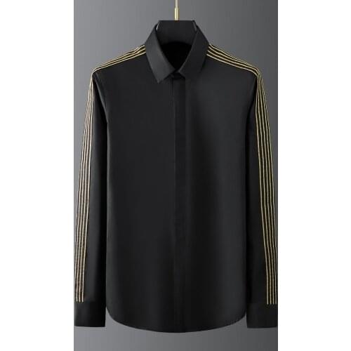 Golden Chain Embroidery Shirts Men High Quality Long Sleeve Casual Formal Dress Shirt Royal Tuxedo Social Blouse Chemise Homme