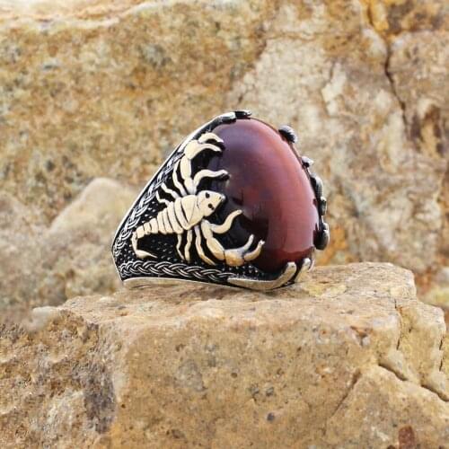 Solid 925 Sterling Silver Red Tigers Eye Stone Scorpion Figure Mens Ring Special Ring Jewelry Accessory For Men Gift Idea