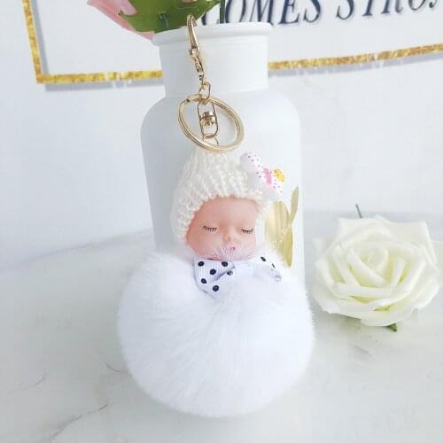 New sleeping baby keychain fake Fur Pom Pom Key Chain Women Trinket Car Key Ring Keychain Jewelry Gift fluffy keychain on bag