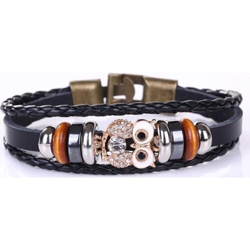 New Men Bracelet Multi-layer Luxury Style Handmade Weaved Leather Owl Bangle Bracelet For Boys Gifts