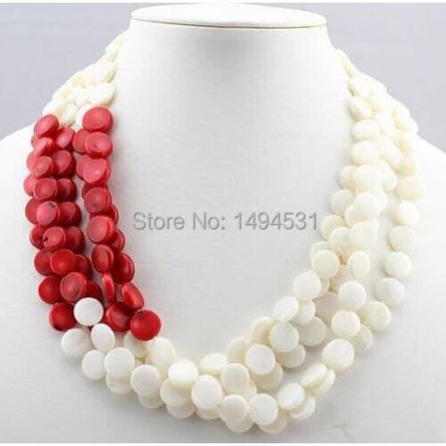 Wholesale Pearl Jewelry White Shell Statement Red Coral Necklace 17-18 Inches 5 Layer - Handmade Jewelry - XZN82
