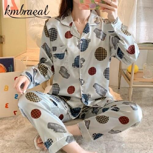 Pajamas for Women Milk Silk Sleepwear Set Autumn Spring Turn-down Collar Print Long Sleeve Pajama Set Homewer Girl Plus Size 2xl