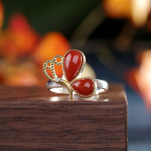 S925 Sterling Silver Inlaid Natural Hetian Jade Southern Red Agate Simple Butterfly High-End Open-End Ring for Women Ring Orname