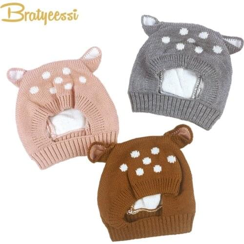New Deer Baby Hat with Ears Cartoon Winter Baby Bonnet Knit Elastic Kids Hats Infant Cap Christmas for 6-24 Months 1 PC