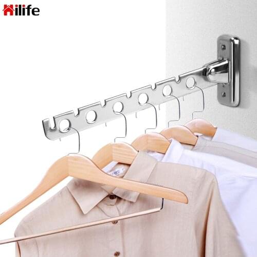 6 Holes Drying Rack Wall Mounted Clothes Folding Hangers Laundry Storage Supplies Clothes Indoor Space Saving Stainless Steel