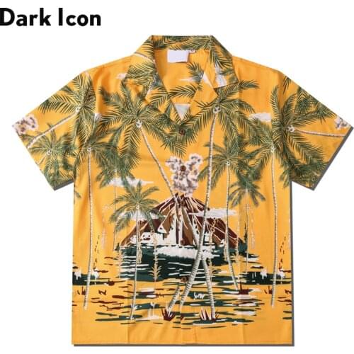 Dark Icon Yellow Hawaiian Shirt Men Summer Short Sleeve Polo Shirts Vintage Mens Shirts