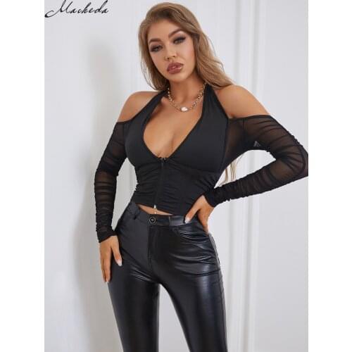 Macheda sexy solid Strapless halter crop top mesh fabric long sleeve patchwork t-shirt woman 2019 casual streetwear top