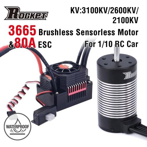 Rocket 3665 Waterproof Brushless Sensorless Motor 3100KV 2600KV 2100KV w/80A ESC for 1/10 Tamiya GTR Traxxas HSP Lexus RC Car