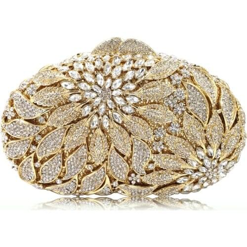High Quality Gold Color Metal Clutch Bags White Crystals Clutch Purse Evening Bags Clutches Fashion Women Wedding Party Handbags