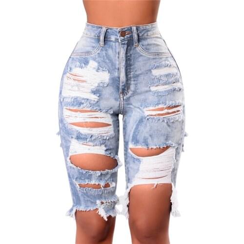 Women Denim Shorts Blue Sexy Hole High Waist Straight Lady Jeans Shorts 2021 Summer Ripped Streetwear Knee Length Jeans Female