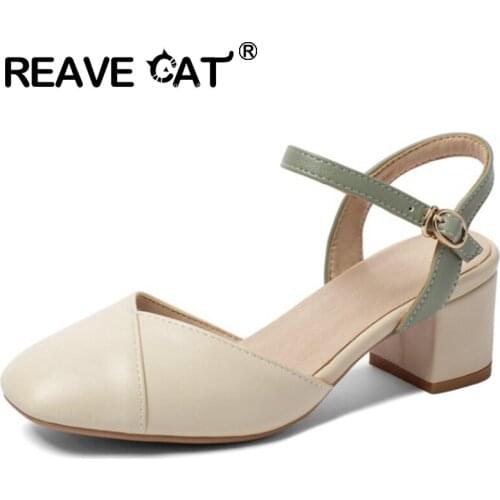 REAVE CAT New 2021 Ladies Pumps Square Toe High Block Heels Buckle Strap Casual Simple Student Breathable Comfy Summer A4076