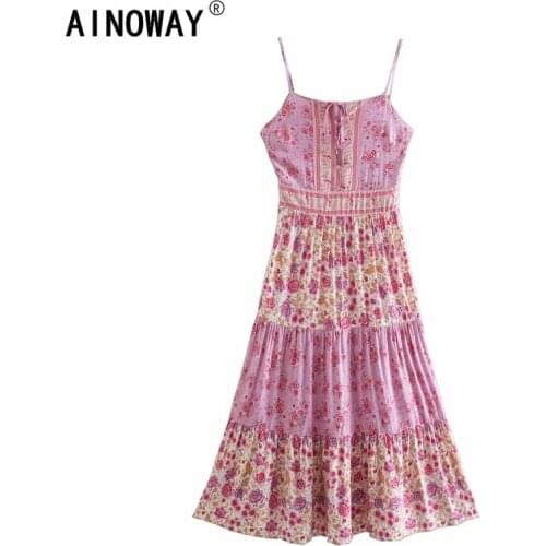 Boho Women pink floral print sleeveless beach Bohemian sundress Ladies Summer rayon strap Boho maxi dress vestidos