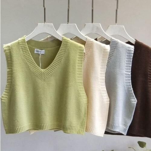 2021 Spring Autumn Women Fashion Sleeveless V-Neck Knitted Vest Casual Loose Vintage Knitwear Sweater