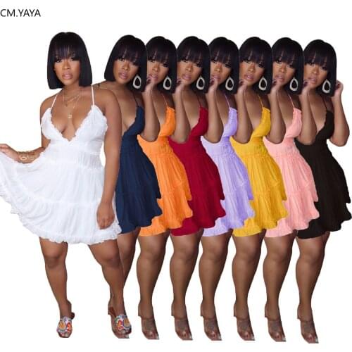 CM.YAYA women summer spaghetti strap halter deep v-neck sleeveless cascading ball gown beach dress sexy party open back dresses