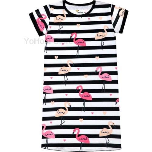 Children Summer Dresses Cartoon Red-crowned Crane Printed Dress for Girl Cotton Nightgowns Kids Nightdress Baby Sleepwear