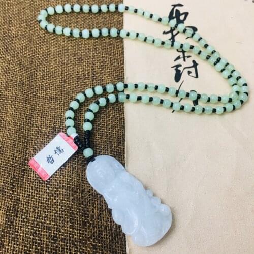 Zheru Pure natural Jadeite carved Guanyin pendant with green bead necklace sweater chain Send A-level certificate