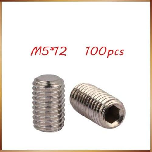 100Pcs DIN913 M5*12mm 304 Stainless Steel Metric Thread Grub Screws Flat Point Hexagon Socket Set Screws Headless M5x12 mm