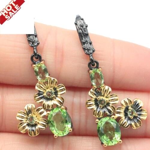 42x17mm Gothic Vintage Earrings Created Green Tsavorite Garnet Blue Aquamarine For Women Cool Black Gold Earrings Wholesale