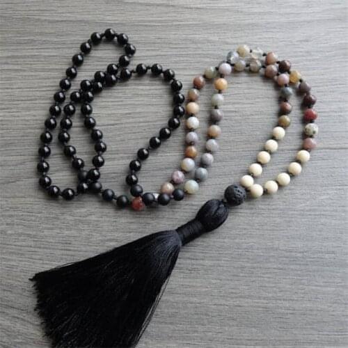 8mm 108 obsidian Indian agate gemstone Tassel Mala necklace Gemstone Lucky energy pray Tassel chain Meditation spirituality