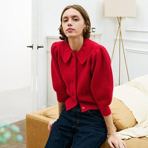 Designer Red Cardigan For Women Autumn peter Pan Collar Knitted Crop Sweater Cardigan Knitwear