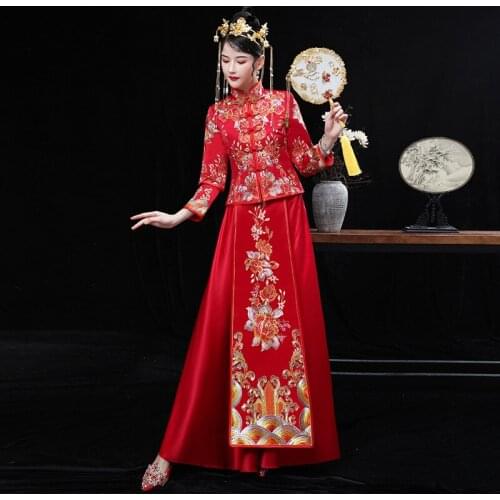 Three-quarter Sleeve Embroidery Elegant Bride Wedding Dress Satin Vintage Cheongsam Oriental Classic Vestidos китайское платье