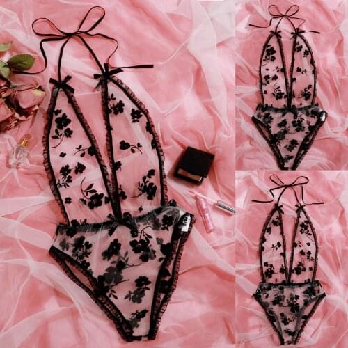 Bow Tie Embroidery Deep V Sexy Lace Lingerie Teddy Underwear Bodydoll tenue sexy пижама женская bielizna erotyczna plus size c50