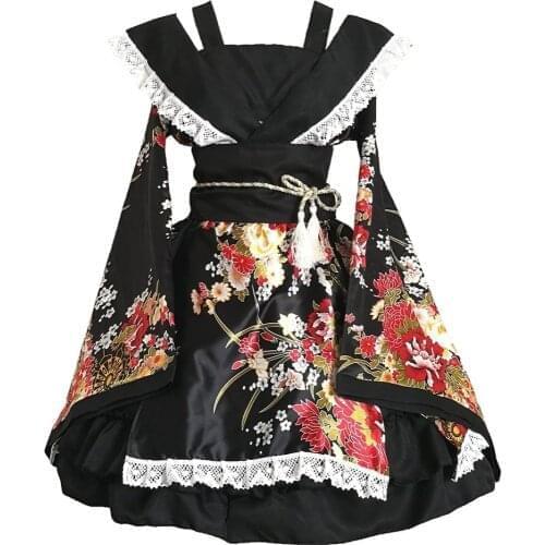 Shanghai Story Anime Cosplay Costumes Flower Printing Lace Edge Kimono Yukata Maid Dress Meidofuku Uniform Outfit