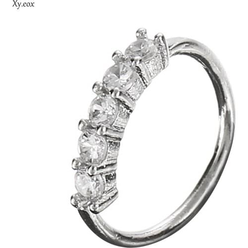 1pc Small Thin Silver 5 Crystals Rhinestone Stainless Steel Nose Hoop Ring
