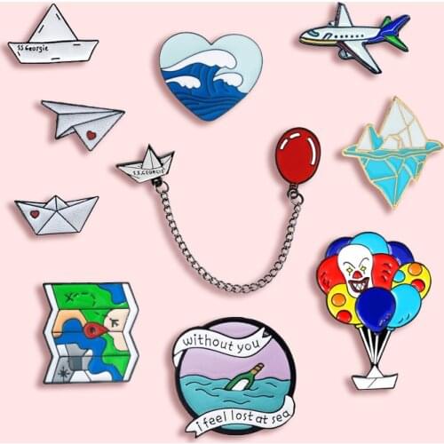 Creative Paper Boat Paper Plane Metal Enamel Brooch Love Wave Iceberg Drift Bottle Badge Pin Cute Trendy Jewelry Accessories