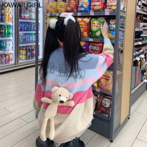 Kawaii Cute Women Sweater 2021 Autumn O-Neck Long Sleeve Loose Warm Basic Pullover Sweaters Women Cute Bear Knitting Outside Top