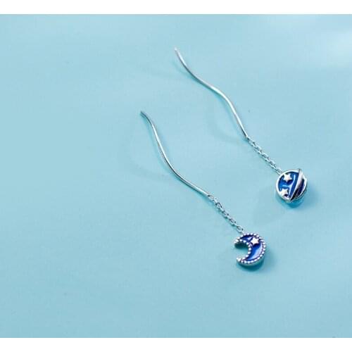 MloveAcc 2018 New Style Blue Enamel Moon Star Asymmetry Long Drop Earrings 925 Sterling Silver Contracted Fashion Jewelry
