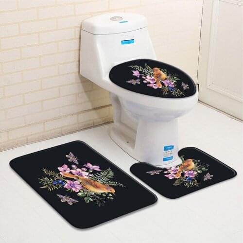 Cartoons Flowers Plant Bird Natural Scenery 3 Pieces Toilet Cover Non Slip Mat Bath Rugs Seat Rug Accessories ​Bathroom Decor