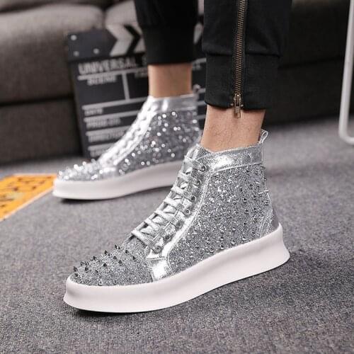 New Leather Mens Fashion Casual Shoes Spring and Autumn Ankle Boots Shoes Mens High-top Shoes Mens Boots Flat Shoes Red Silver