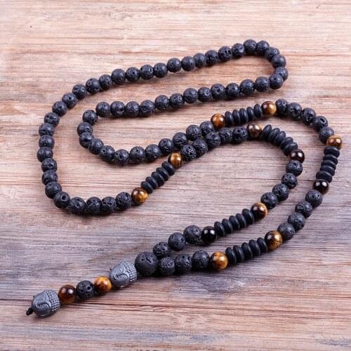 New Design Black 6mm BLava Stones Wood Bead Mens Hematite Buddha Bead Necklace