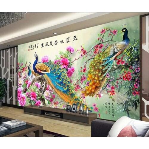 3d room wallpaper custom mural peacock flower lucky bird families TV background wall home decor photo wallpaper for walls 3 d