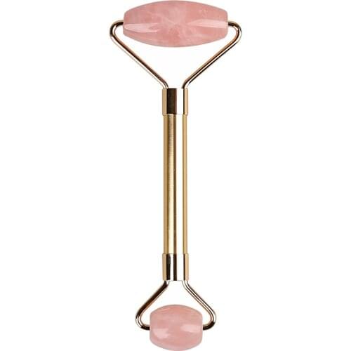 New Arrival Double Heads Rose Quartz Jade Roller With Yellow Zinc Alloy Massager for body