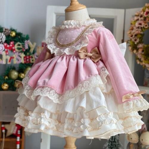 Baby Girl Autumn Winter Velvet Vintage Spanish Pompom Ball Gown Princess Lolita Dress for Children Girl Christmas Birthday Dress