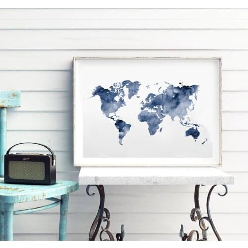 Blue World Map Print Navy Map Poster Traveler Gift Abstract Watercolor Wall Art Canvas Painting Picture for Living Room Decor