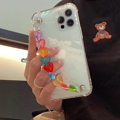 Shockproof Wrist Chain Case for iPhone 12 6 7 8 Plus SE XR XS Max Clear Cases Cute Love Heart Chain Hanging Case for iPhone 11