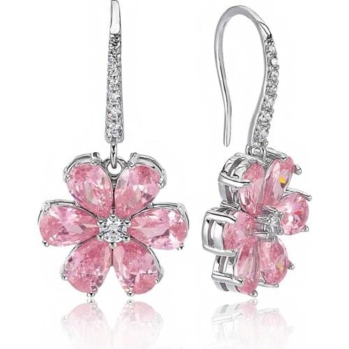 Valori Jewels Magnolia Flower Drop Earring , 4 Ct Zircon Pink Pear Gemstone , Rhodium Plated ,925 Silver, Fine Jewelry