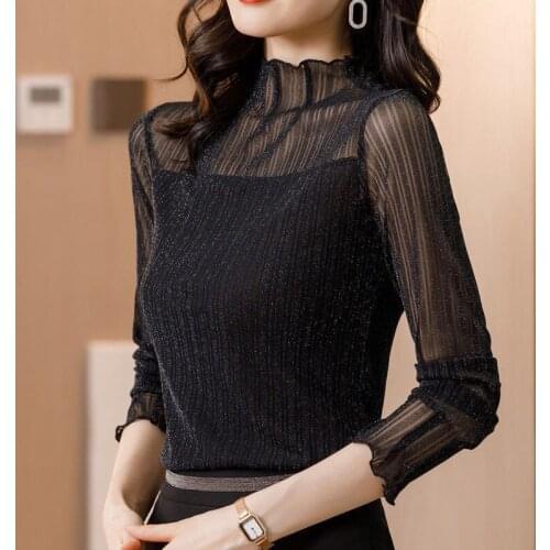 Women Blouse High Collar Lace Womens Long Sleeve Winter Large Size Womens Clothing Bright Yarn Mesh Top Blusas Ropa De Mujer