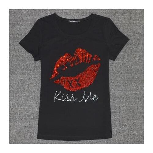 Plus size 4XL Summer new fashion women short-sleeved red lips T-shirt Slim diamond hot drilling cotton o-neck t-shirt tops